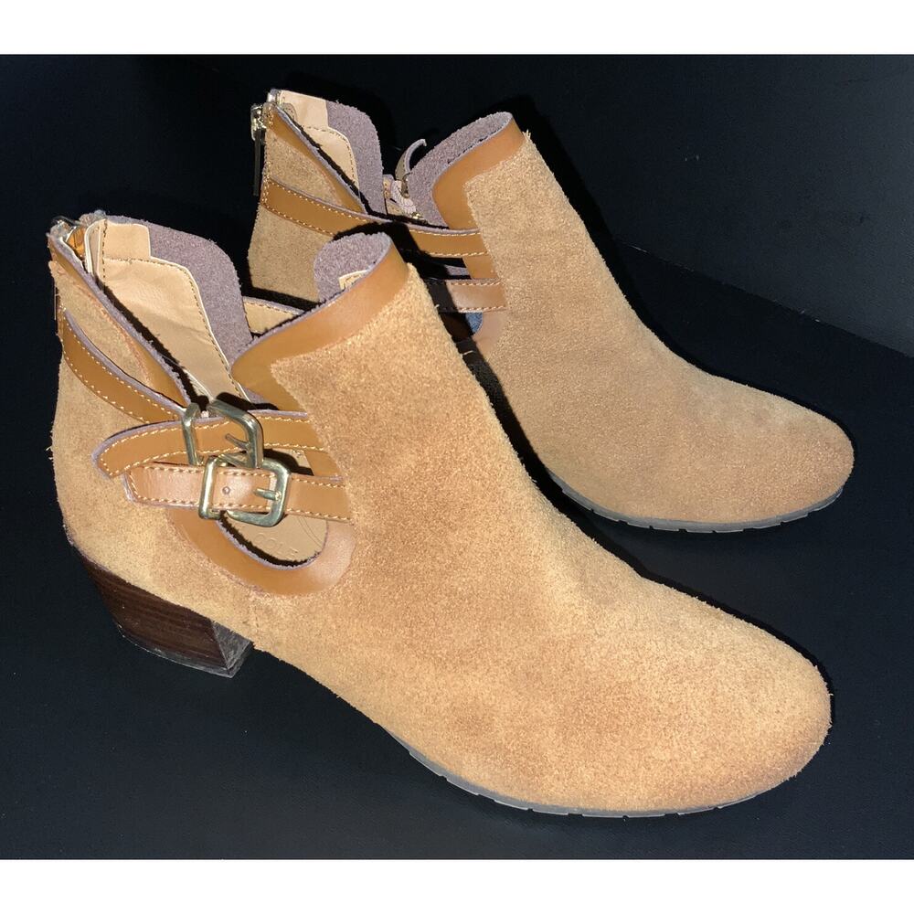 Tan Suede Booties Womens Sz 6 M Moto Harness Double Buckle Western Ankle Boots